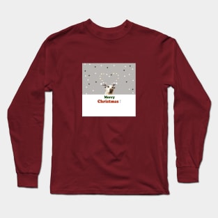 Merry Christmas Deer, dog, tan, green, red, holidays, snow, Xmas, Long Sleeve T-Shirt